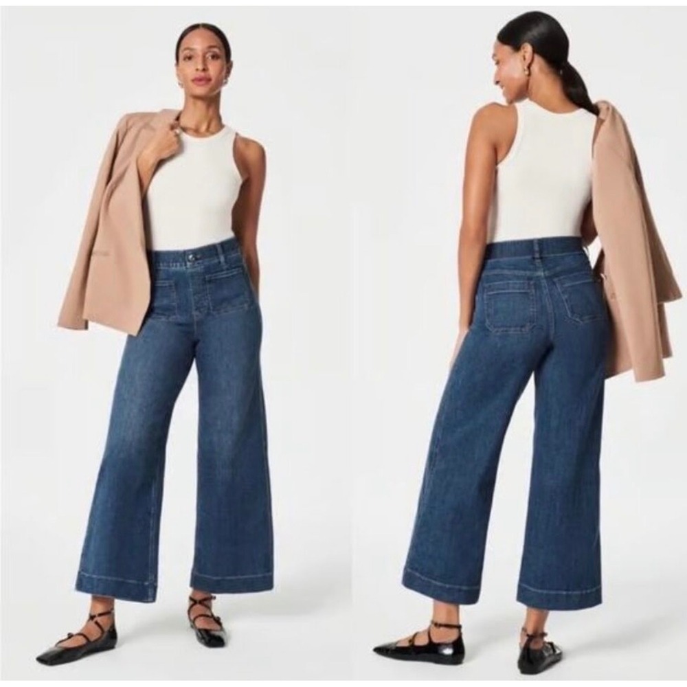 Spanx Cropped Wide Leg Jeans 20621R Womens XL Blue Vintage Indigo Shaping Denim